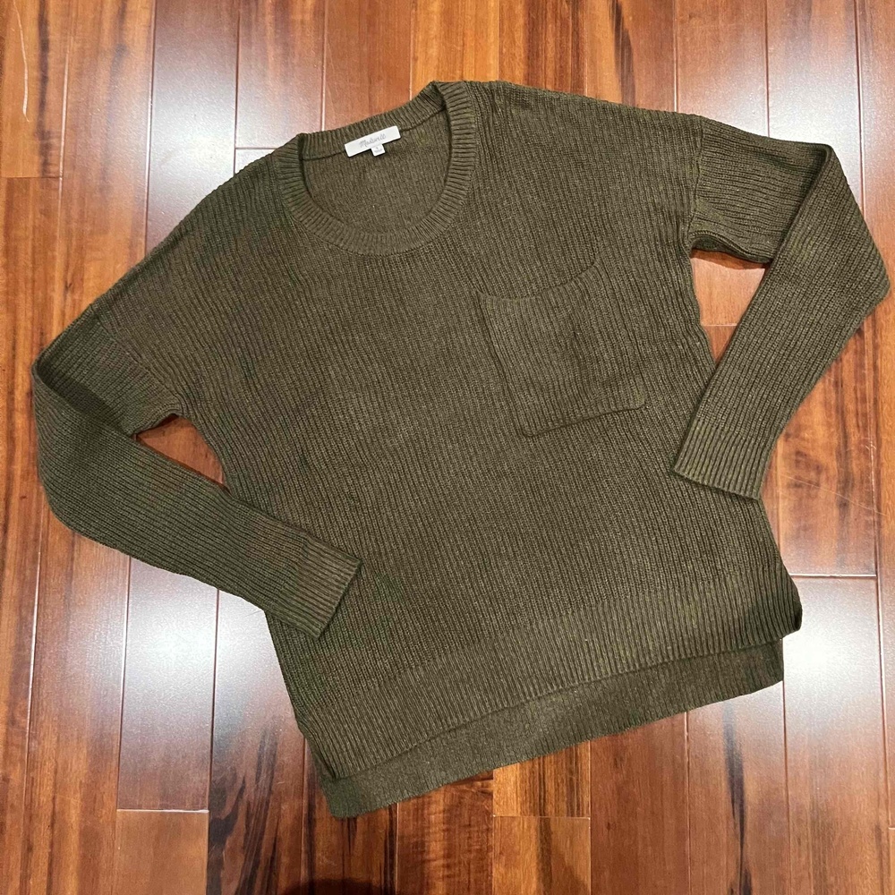 Madewell Green Sweater Long Sleeve Top Chest Pocket Rib Knit Crew Neck Sz Small